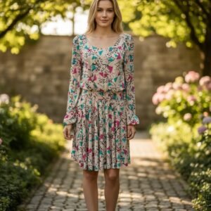 Printed dress with gathered waist and long sleeves