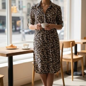 Leopard Print Midi Dress Long Sleeve with V Neck – Chic Casual Women Dress
