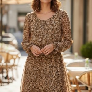 Beige Floral Midi Dress Long Sleeve