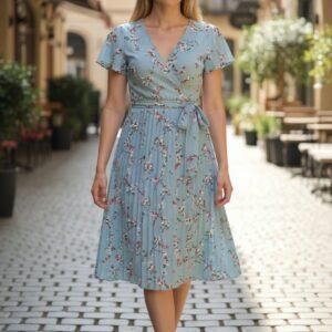 Blue Floral Maxi Dress with V-Neck and Waist Tie