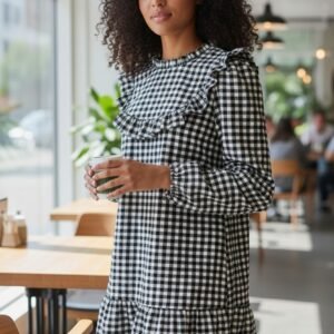 Black & White Gingham Dress with Long Sleeves and Ruffle Detail