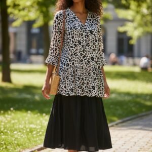 Women’s Long Sleeve Black & White Printed Shirt with Open Neck