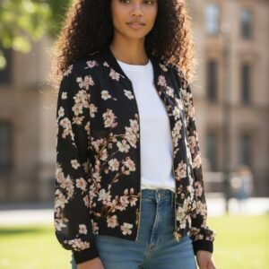 Black Floral Blouse with Orange Flowers & Zipper – Casual Chic Women’s Top