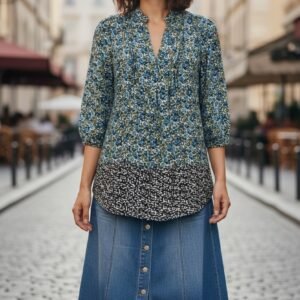 Women’s Long Sleeve Floral Print Blouse with V-Neck in Multicolor