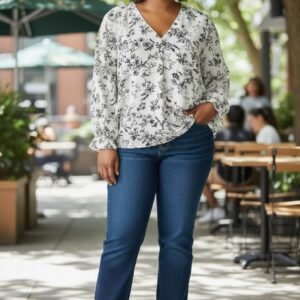 Women’s Floral Blouse with V-Neck and Long Sleeves
