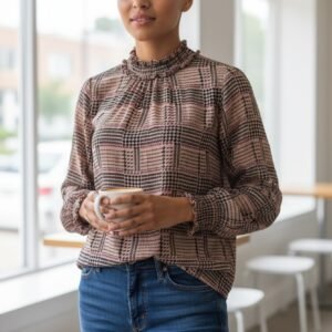 Women’s Elegant Plaid Blouse with Long Sleeves and High Neck