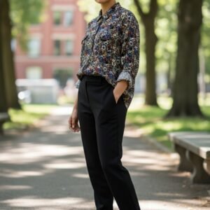 Women’s Navy Floral Print Shirt Collar Long Sleeve Blouse
