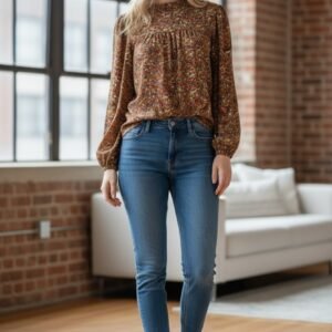 Women’s Brown Floral Print Long Sleeve Blouse
