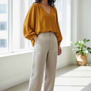 Women’s Mustard Yellow V-Neck Long Sleeve Blouse