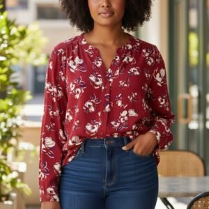 Red Floral Women’s Blouse with White Flowers – Soft Feminine Top