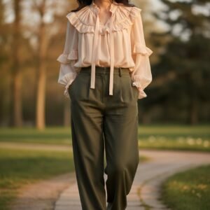 Women’s Beige Ruffle Blouse with Tie Neck – Elegant Long Puff Sleeve Top