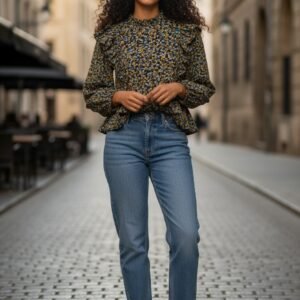 Women’s Ditsy Floral Print Blouse – Elegant Round Neck Short Sleeve Top