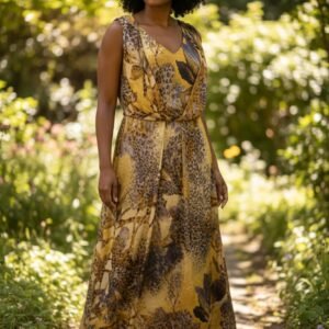 Women’s Long Floral & Leaf Print Dress in Yellow – Elegant V-Neck Short Sleeve Maxi Dress