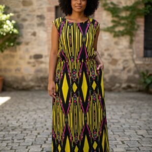 Women’s Long Diamond Pattern Dress – Straight Cut with Short Sleeves