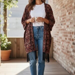 Women’s Boho Printed Kimono Cardigan with Fringe Hem