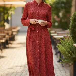 Elegant Red Long Shirt Dress with Floral Pattern, Button Front and Waist Belt – Casual Chic Style