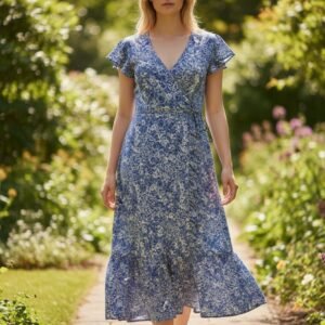 Blue Floral Wrap Midi Dress with V-Neck – Lightweight Summer Elegant Dress
