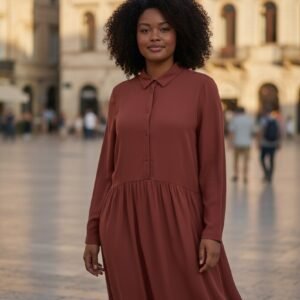 Elegant Long Women’s Dress with Long Sleeves in Trendy Rust Color – Casual & Chic Style