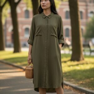Olive Green Belted Shirt Dress for Women Casual Long
