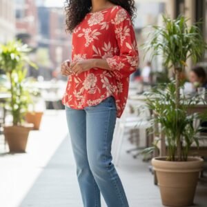 Red floral blouse with a wide neckline