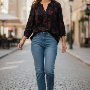 Black Blouse with Red Floral Pattern