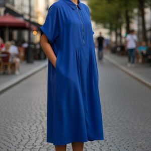 Blue Women's Dress with Front Zipper and Shirt Collar