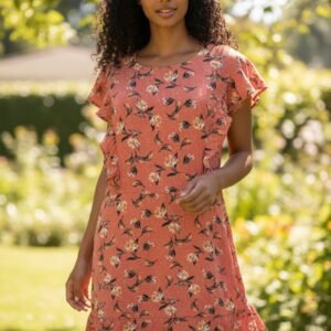 Coral Floral Print Women's Midi Dress with Flutter Sleeves