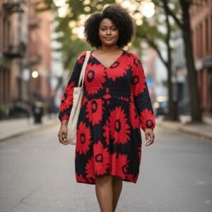 Black dress with bold red floral print