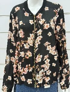 Black Floral Blouse with Orange Flowers & Zipper – Casual Chic Women’s Top