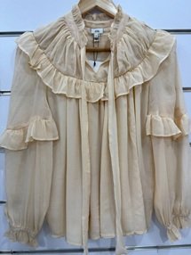 Women’s Beige Ruffle Blouse with Tie Neck – Elegant Long Puff Sleeve Top