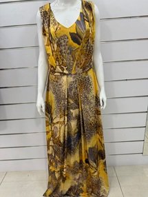 Women’s Long Floral & Leaf Print Dress in Yellow – Elegant V-Neck Short Sleeve Maxi Dress