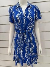 Blue Wavy Print Women’s Dress with Waist Tie and V-Neck