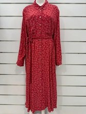 Elegant Red Long Shirt Dress with Floral Pattern, Button Front and Waist Belt – Casual Chic Style