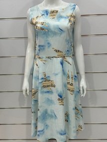 Light Blue Printed Sleeveless Midi Dress – Elegant Artistic Summer Dress