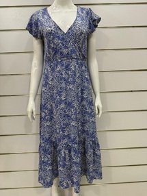 Blue Floral Wrap Midi Dress with V-Neck – Lightweight Summer Elegant Dress