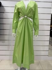 Green Cut-Out Waist Ring Midi Dress – Long Sleeve Gathered Elegant Dress