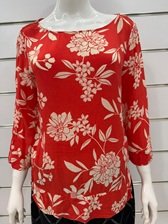 Red floral blouse with a wide neckline