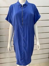 Blue Women's Dress with Front Zipper and Shirt Collar