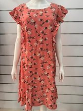 Coral Floral Print Women's Midi Dress with Flutter Sleeves