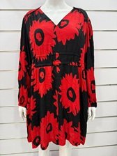Black dress with bold red floral print